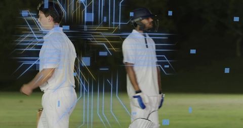 Cricket batsmen walking with augmented reality analytics overlay during night match
