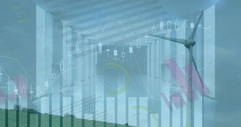 Financial data overlaying wind turbine scene for renewable energy concept