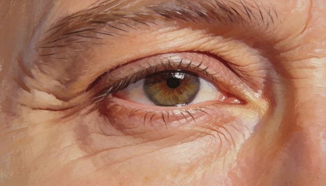 Extreme close-up human eye revealing iris detail, eyelashes, wrinkles and skin texture