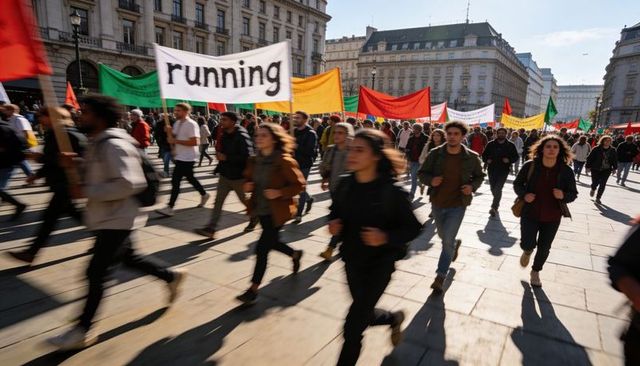 Urban crowd running with banners and colorful flags through sunlit historic plaza