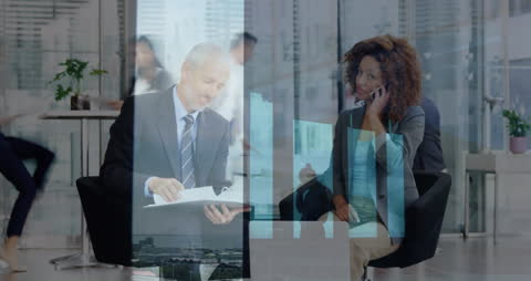 Business Professionals Analyzing Data with Digital Statistics Overlay