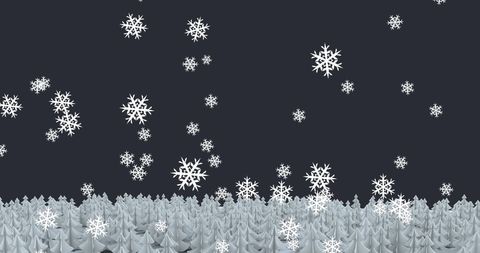Digital Snowflakes Falling Over Winter Forest Landscape