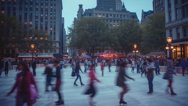 Skaters enjoy city ice rink at dusk in vibrant urban scene
