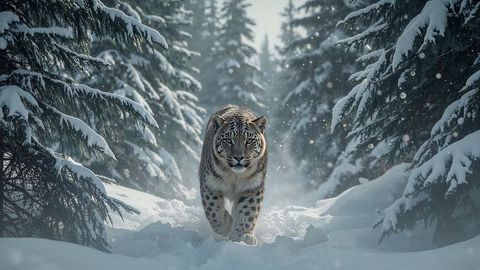 Majestic Snow Leopard Walking Through Pristine Snowy Forest