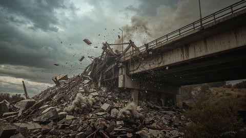 Bridge collapse in urban area creating dust and debris in destruction earthquake scene