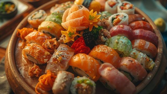 Gourmet Assorted Sushi Platter with Nigiri and Sashimi Roses