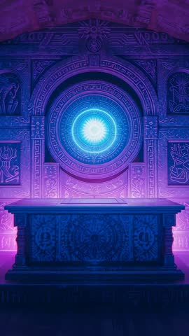 Vertical video: Glowing blue energy disc pulsing and fading above ancient stone altar