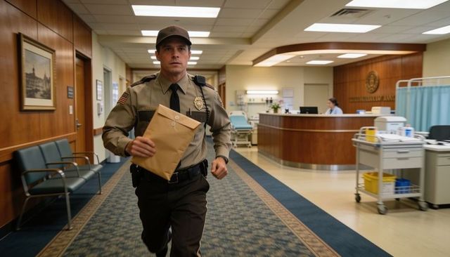 Uniformed police officer running through hospital corridor holding sealed evidence envelope