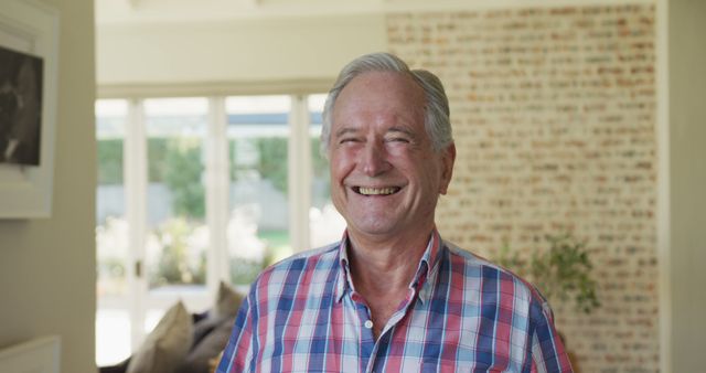 A senior man smiling joyfully at home in a plaid shirt. Ideal for use in articles about aging, happiness in senior life, home and lifestyle content, and health and wellness themes aimed at older adults.