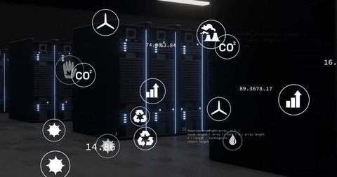 Eco-friendly server cabinets with sustainability icons and code