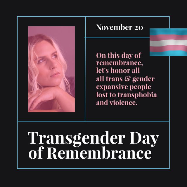 Composite of transgender day of remembrance text over caucasian woman and transgender pride flag. Transgender day of remembrance and celebration concept digitally generated image.