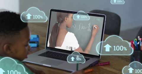 African american child learning online with creative cloud symbols