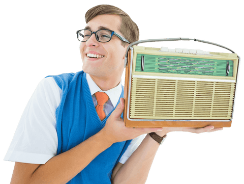 hipster joyfully listening to vintage radio with transparent background - Download Free Stock Videos Pikwizard.com