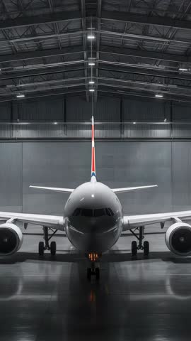 Vertical video zooming to twinjet nose with dimmed lights reflecting on hangar floor