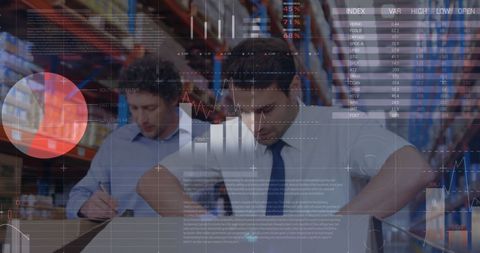 Warehouse supervisors analyzing stock with technological overlay