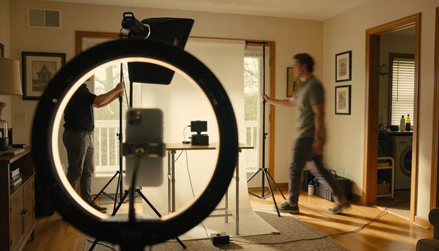Ring light framing smartphone as crew adjusts home studio backdrop and lights for creators