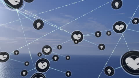 Digital Network with Icons Over Ocean and Cloudy Sky