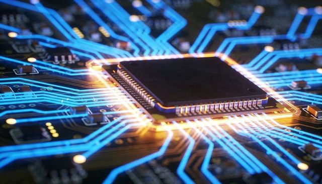 Glowing Microchip Emitting Neon-Blue Traces Across High-Tech Circuit Board