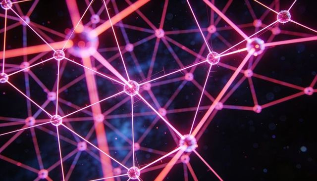 Neon Neural Network Mesh with Glowing Nodes and 3D Connected Lattice