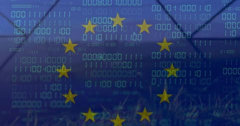 EU cybersecurity protecting digital data under GDPR regulation, binary code barrier