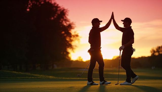 Silhouetted golfers high-fiving at sunset on putting green celebrating team victory