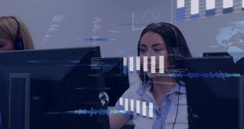 Female agent monitoring holographic analytics dashboards in high-tech operations
