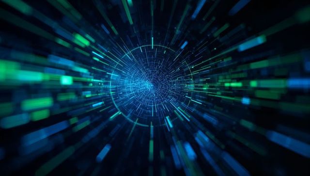 Futuristic digital tunnel with virtual data elements in motion