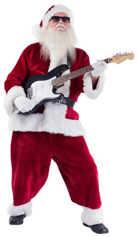 Festive Santa Claus Playing Electric Guitar in Sunglasses on Transparent Background