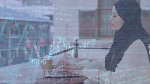 Woman in Hijab Analyzing Financial Data on Laptop