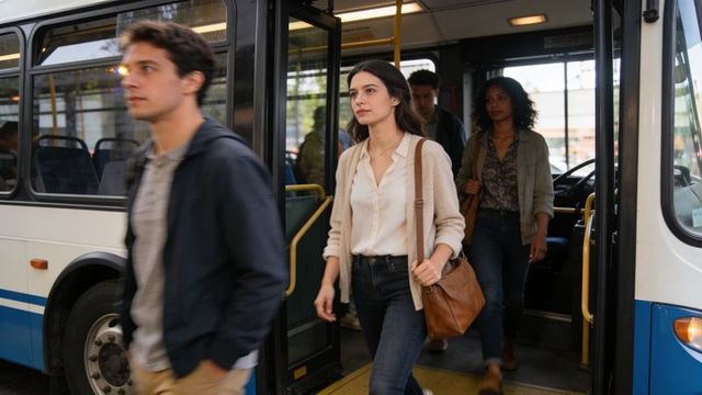 Candid urban commuters stepping off city bus carrying leather bag during morning commute