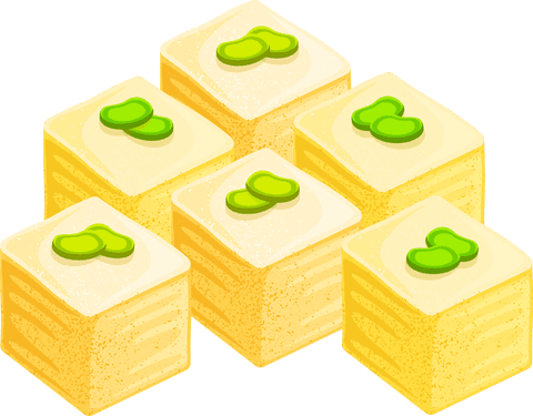 Transparent japanese tofu blocks with edamame garnish