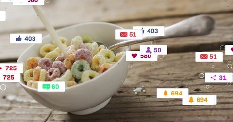 Pouring milk into colorful cereal bowl with social media notification overlay for breakfast