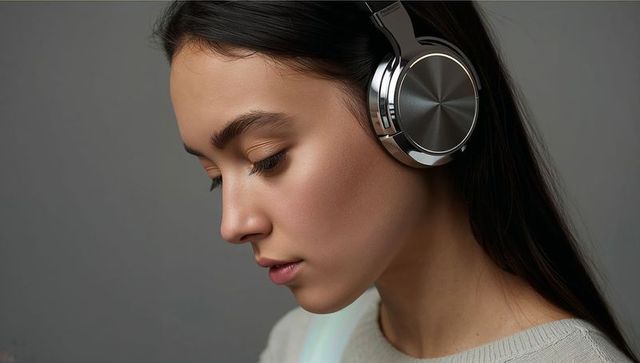 Introspective asian woman listening on steel headphones, minimal portrait closeup