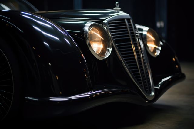 A classic car showcases its sleek design and shining headlights. Vintage automobile enthusiasts appreciate the elegance and history of such well-preserved vehicles.