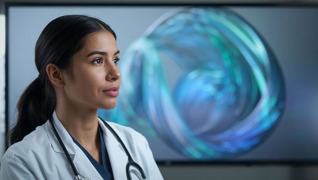 Female doctor wearing stethoscope looking at abstract blue digital swirl on monitor