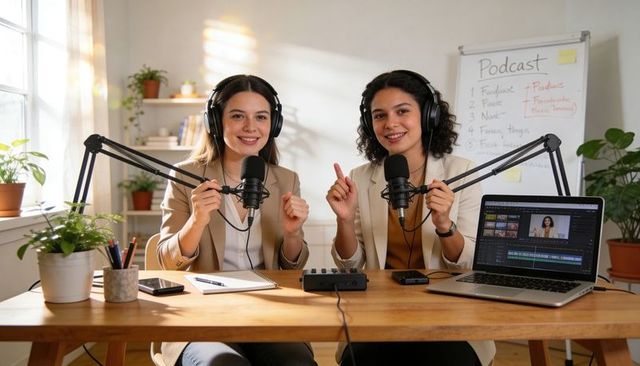Two women podcasters recording in home studio with microphones, laptop, mixing gear