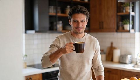Smiling man holding coffee mug in sunlit modern kitchen, cozy morning lifestyle