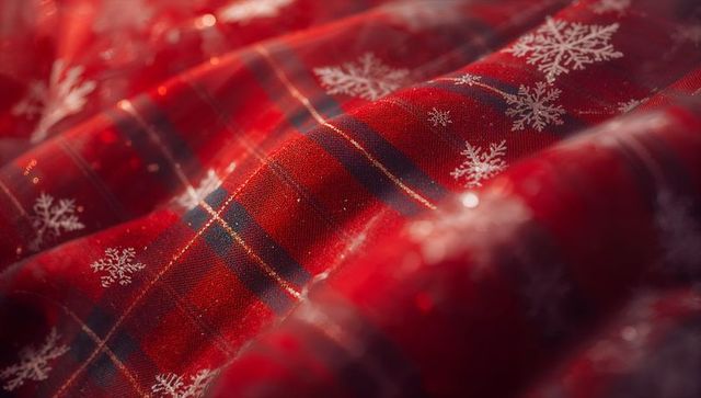 Festive red plaid textile with snowflake design close-up