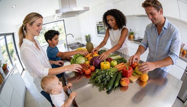 Family arranging and smiling with fresh fruits and vegetables on modern kitchen island