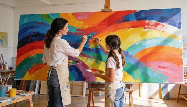 Woman and girl painting large vibrant abstract mural in bright sunlit studio