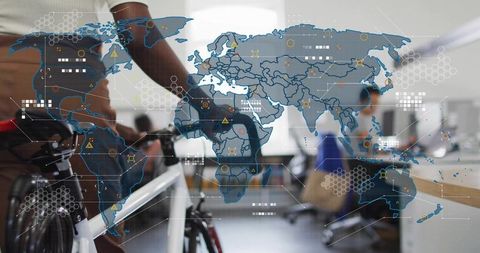 Business commuter holding bicycle in modern coworking space with global data overlay