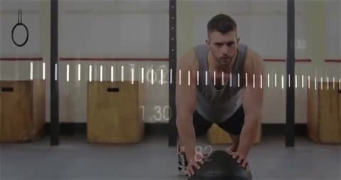 Fiit Man Performing Push-Up on Med Ball with Realtime Fitness Graphs