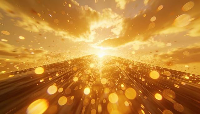 Radiating golden sunburst across horizon with converging light streaks and bokeh sparkle