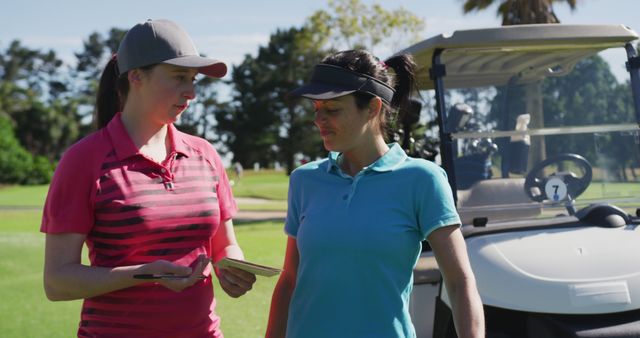 Two caucasian women playing golf talking writing in notebook. golf cart and clubs in background. golf sports hobby healthy lifestyle.