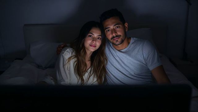 Couple enjoying a movie night in bedroom ambiance