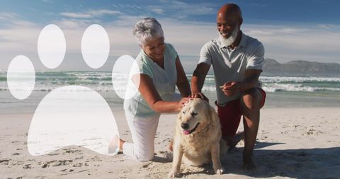 Happy Senior Couple Enjoying Beach Walk with Dog