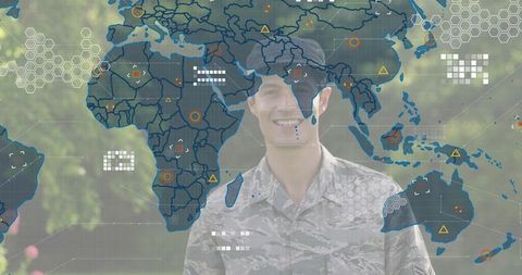 Smiling military member standing in park with augmented reality world map hud and markers