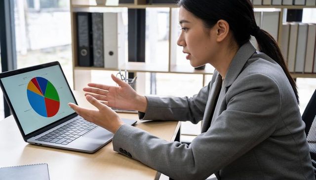 Asian businesswoman explaining pie chart on laptop during office presentation