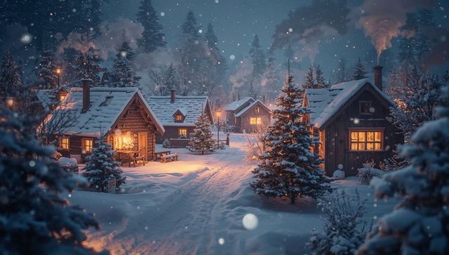 Cozy wooden cabins glowing at night in snowy village with smoking chimneys and lit windows