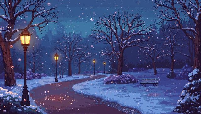 Winter night pixel art park with winding snow path, glowing lampposts and empty bench